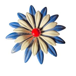 Vintage Blue Cream and Red Flower Brooch